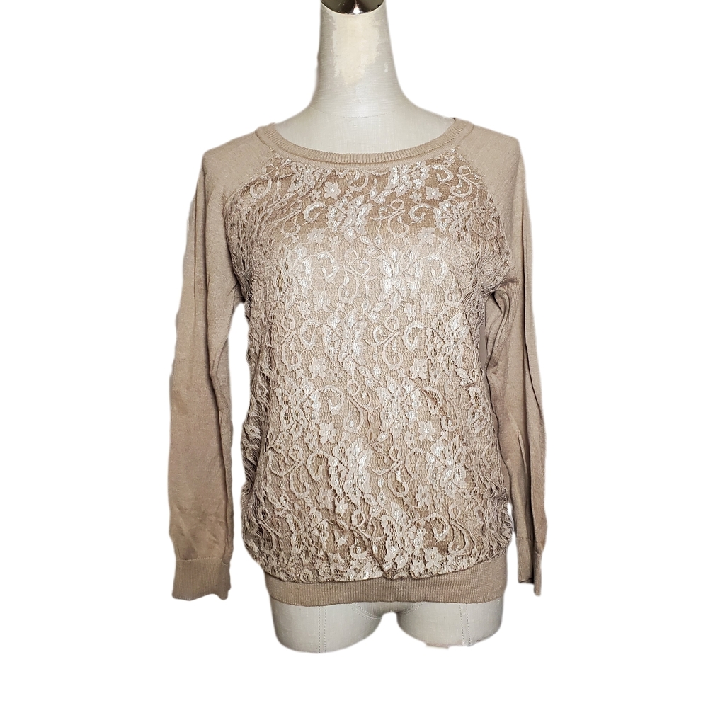 Lace Overlay Sweater in Tan